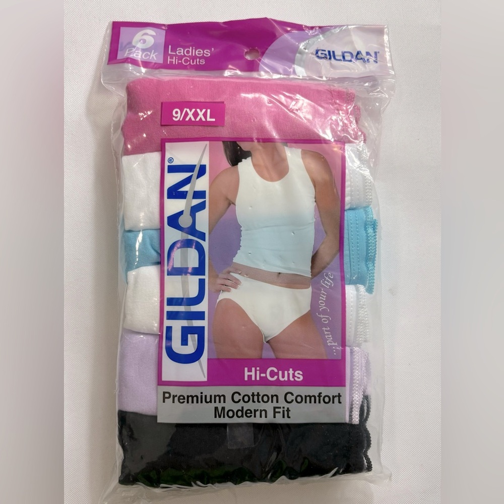 Gildan 6 Pair Pack Ladies Size 9 XXL 100% Cotton Hi-Cut Panties New in Package